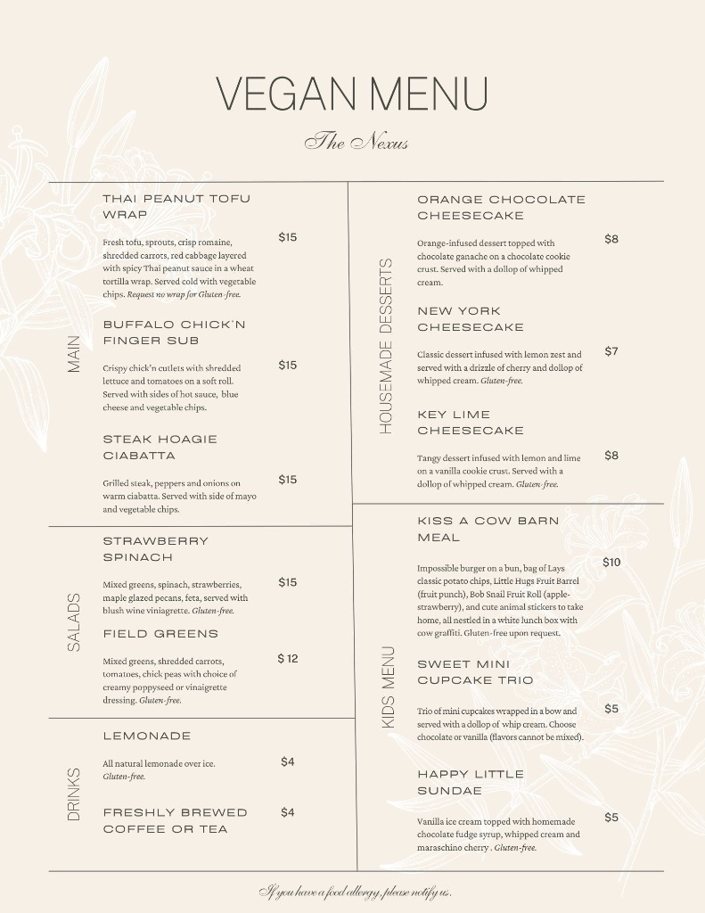 The Nexus vegan menu at Asha's Farm Sanctuary