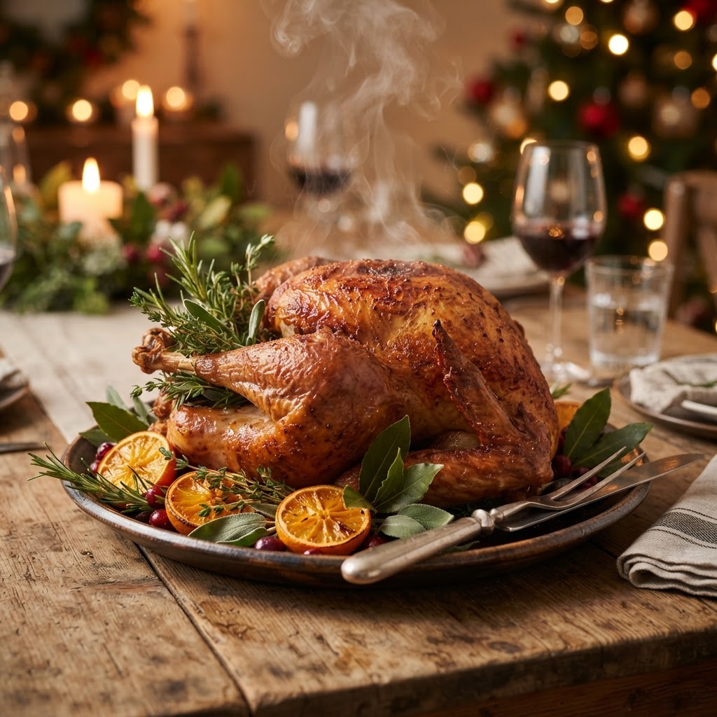 A golden deep-fried holiday turkey garnished with fresh herbs