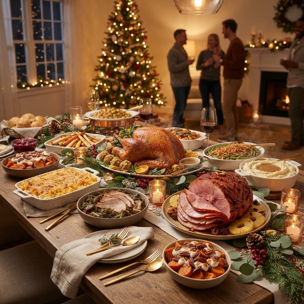 An abundant holiday catering spread with turkey, ham, and multiple sides