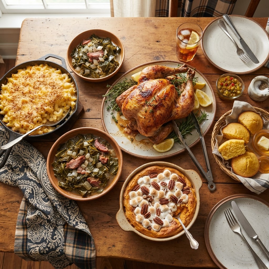 A comforting Southern repass spread with roasted chicken and sides