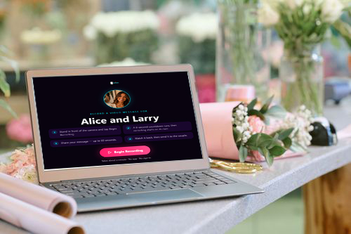 A laptop set up as a MyWishClips recording station, showing the guest message recording screen
