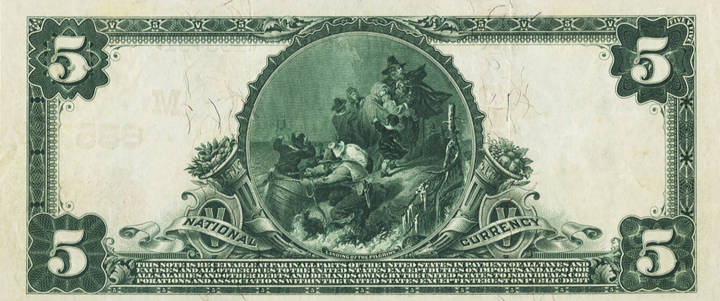 Reverse of the 1902 five-dollar National Bank Note, depicting the Landing of the Pilgrims