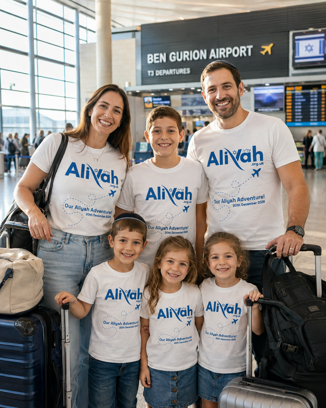 A family wearing personalised Aliyah.org.uk T-shirts at Ben Gurion Airport departures