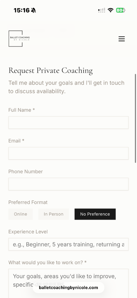 Mobile request private coaching form