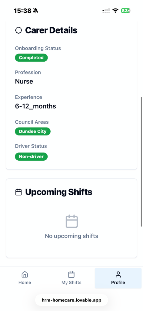 HRM Homecare - Profile mobile screen