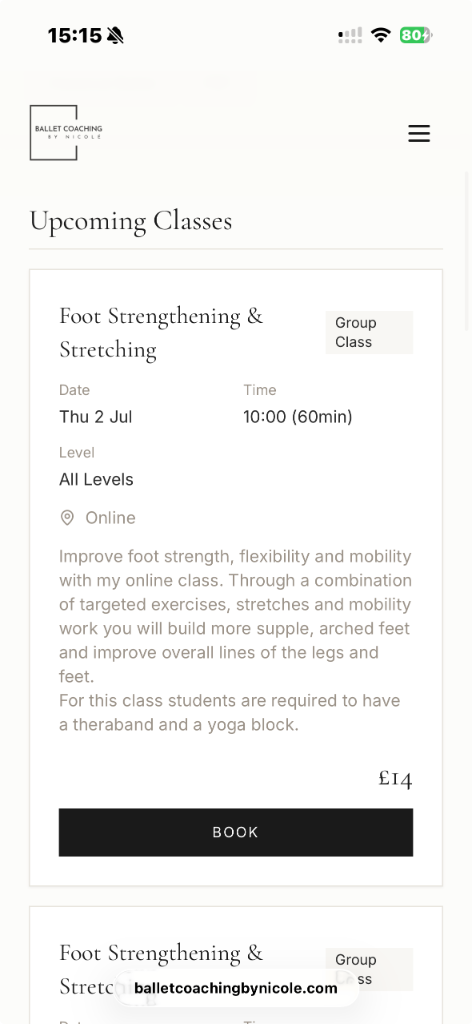 Mobile upcoming classes