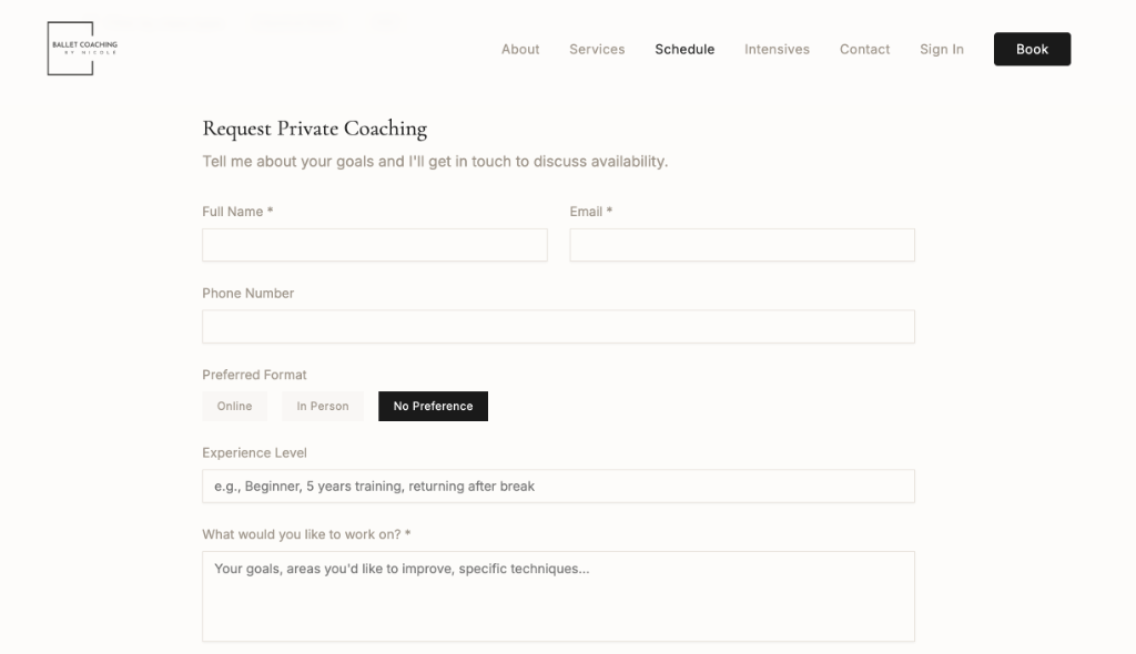 Request Private Coaching form