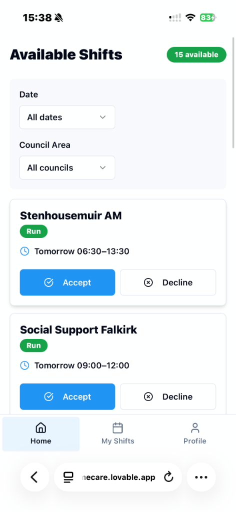 HRM Homecare - Available Shifts mobile screen