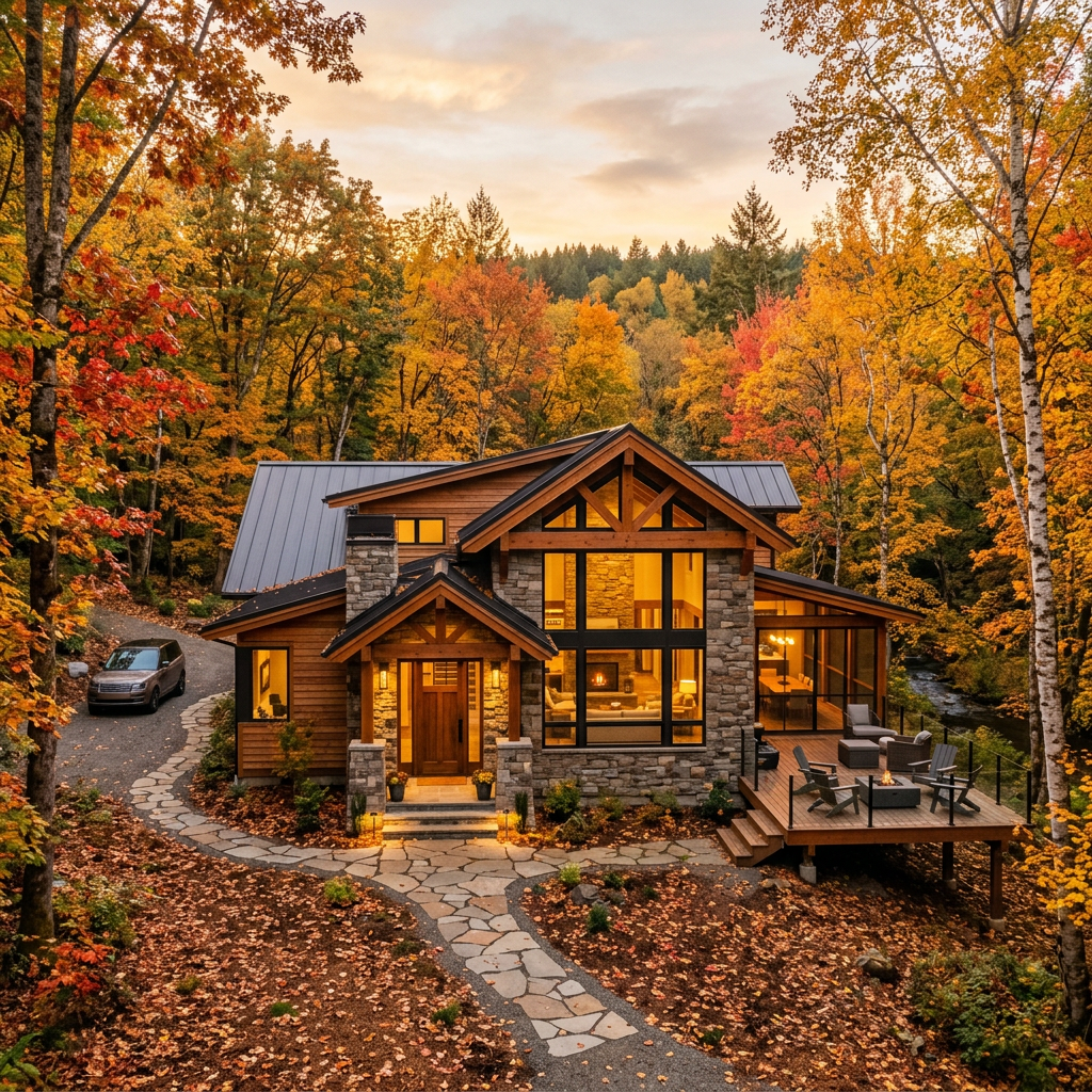Luxury home in fall woods