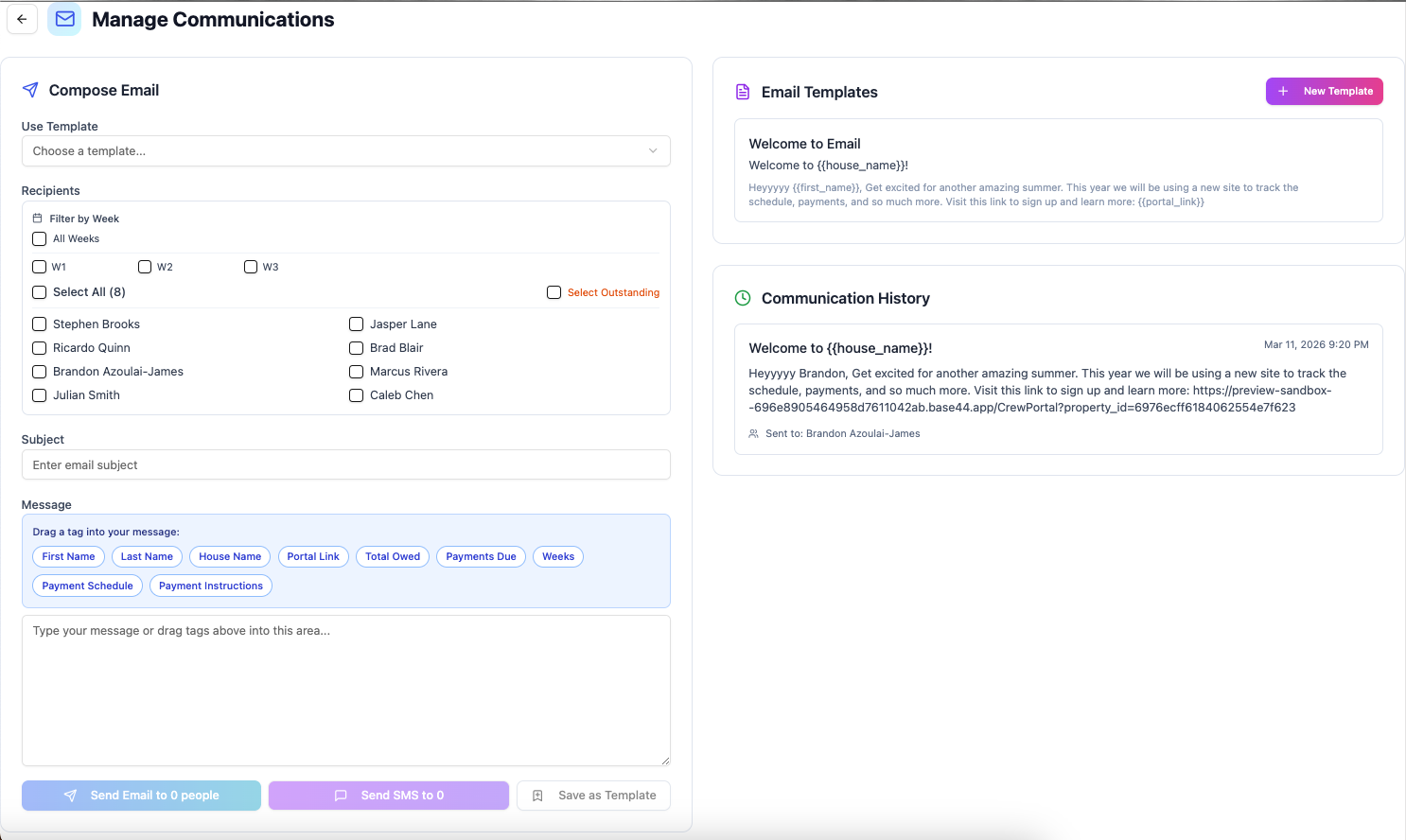 Communications screenshot