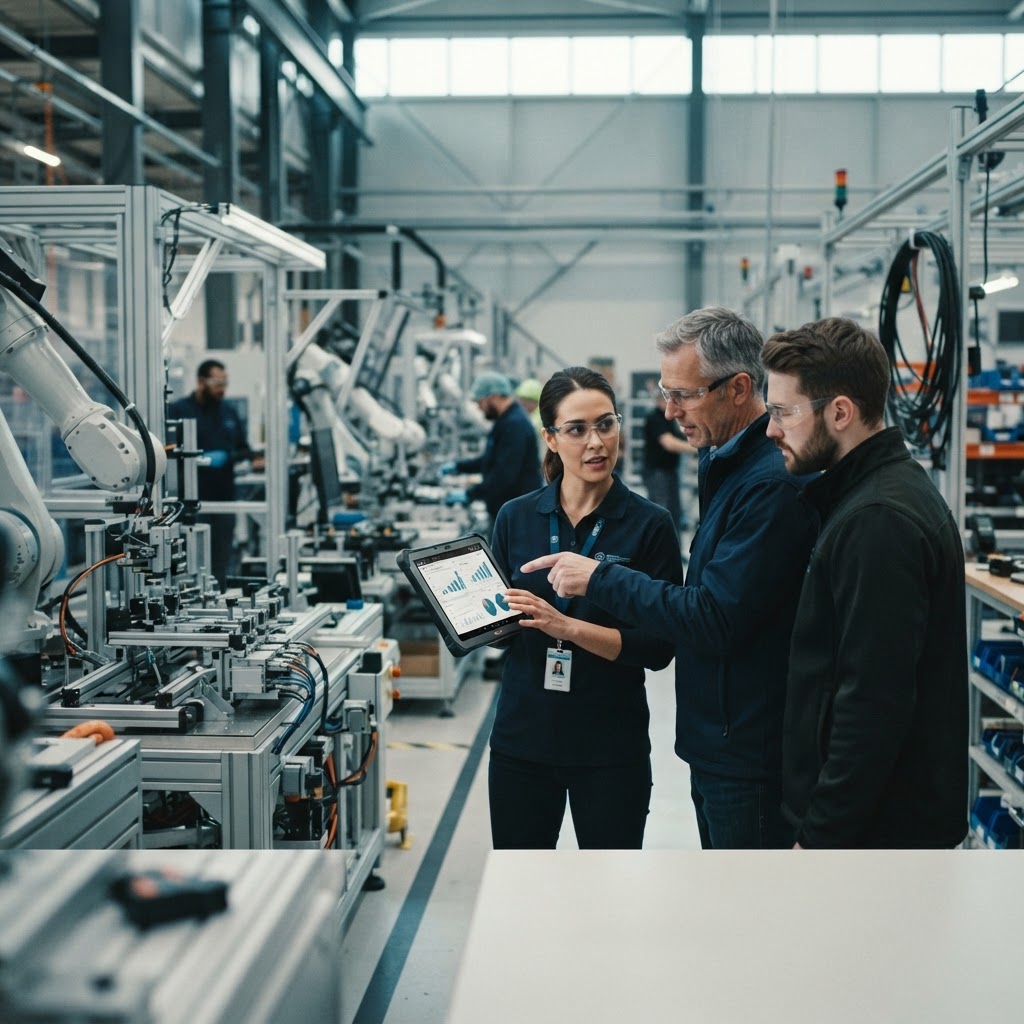 Manufacturing engineers reviewing production data on a tablet