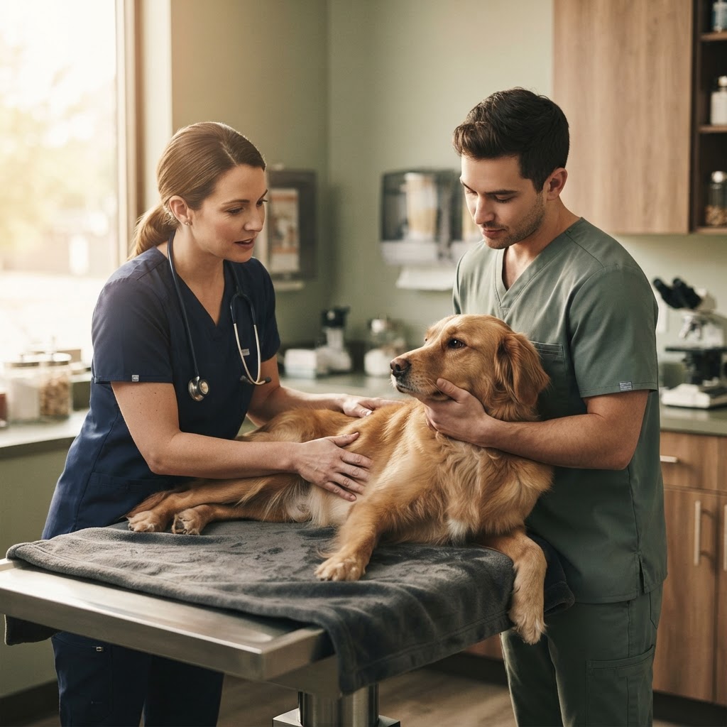 A veterinarian and veterinary technician examining a dog together