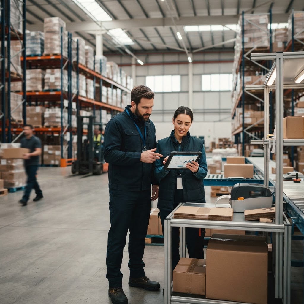 Warehouse logistics workers reviewing shipment data on a tablet