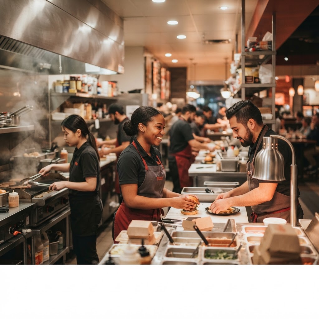 Quick service restaurant crew collaborating behind the counter