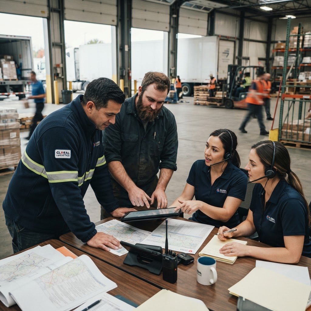 Truck drivers and dispatch team collaborating at a logistics distribution center