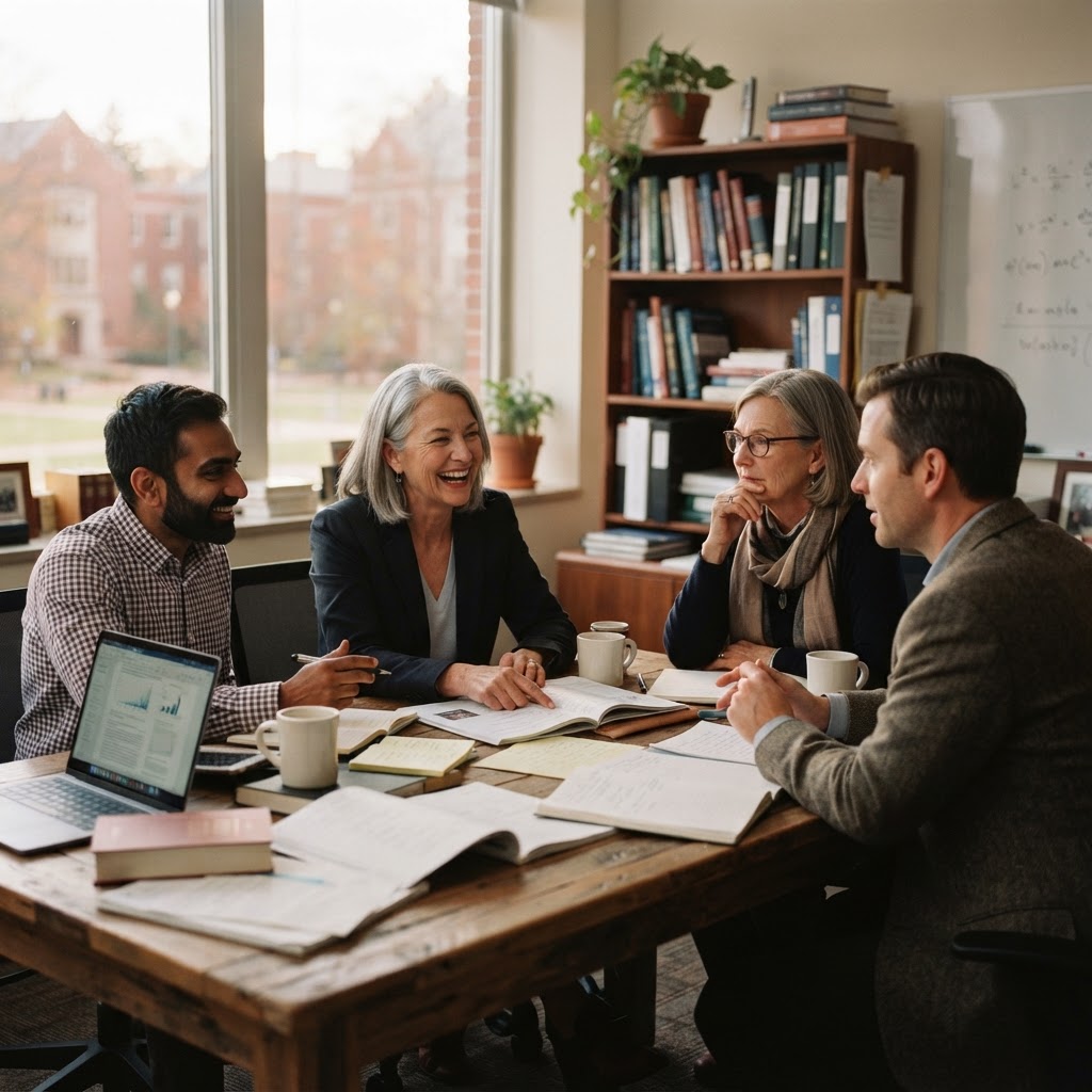 University professors collaborating in a modern academic office