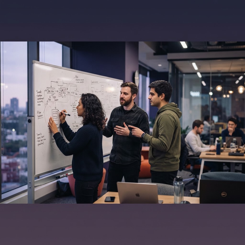 Software engineers collaborating at a whiteboard