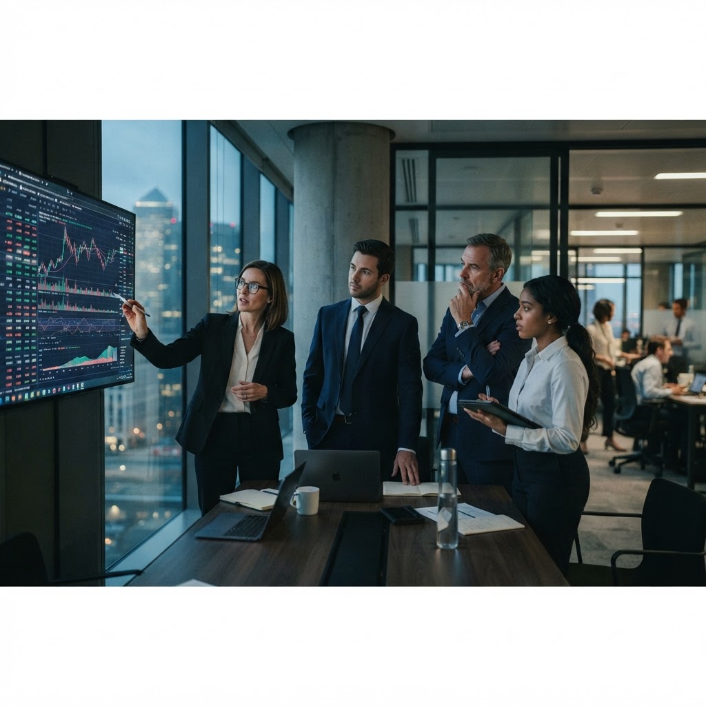 A financial services team reviewing data on a screen