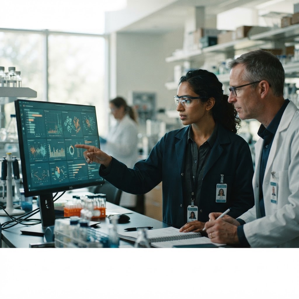 Scientists reviewing research data on a screen in a modern biotech lab