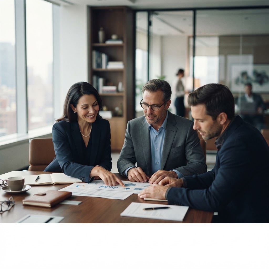 Professional advisors reviewing documents together at a conference table