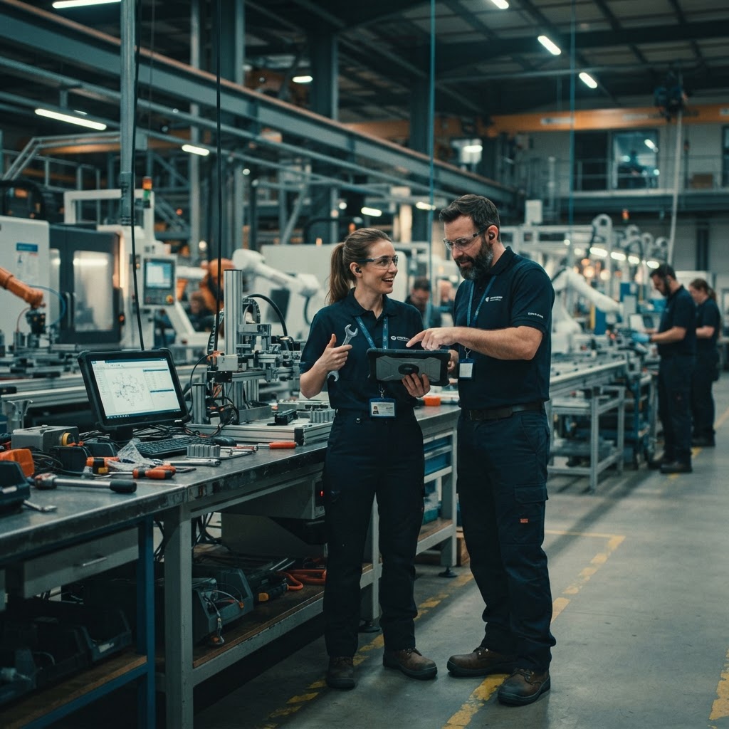 Manufacturing technicians collaborating on a modern factory floor
