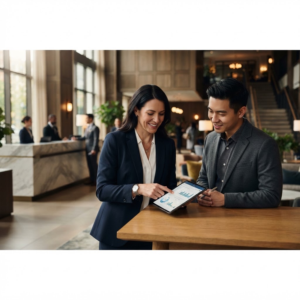 A hotel manager reviewing guest service data with a colleague