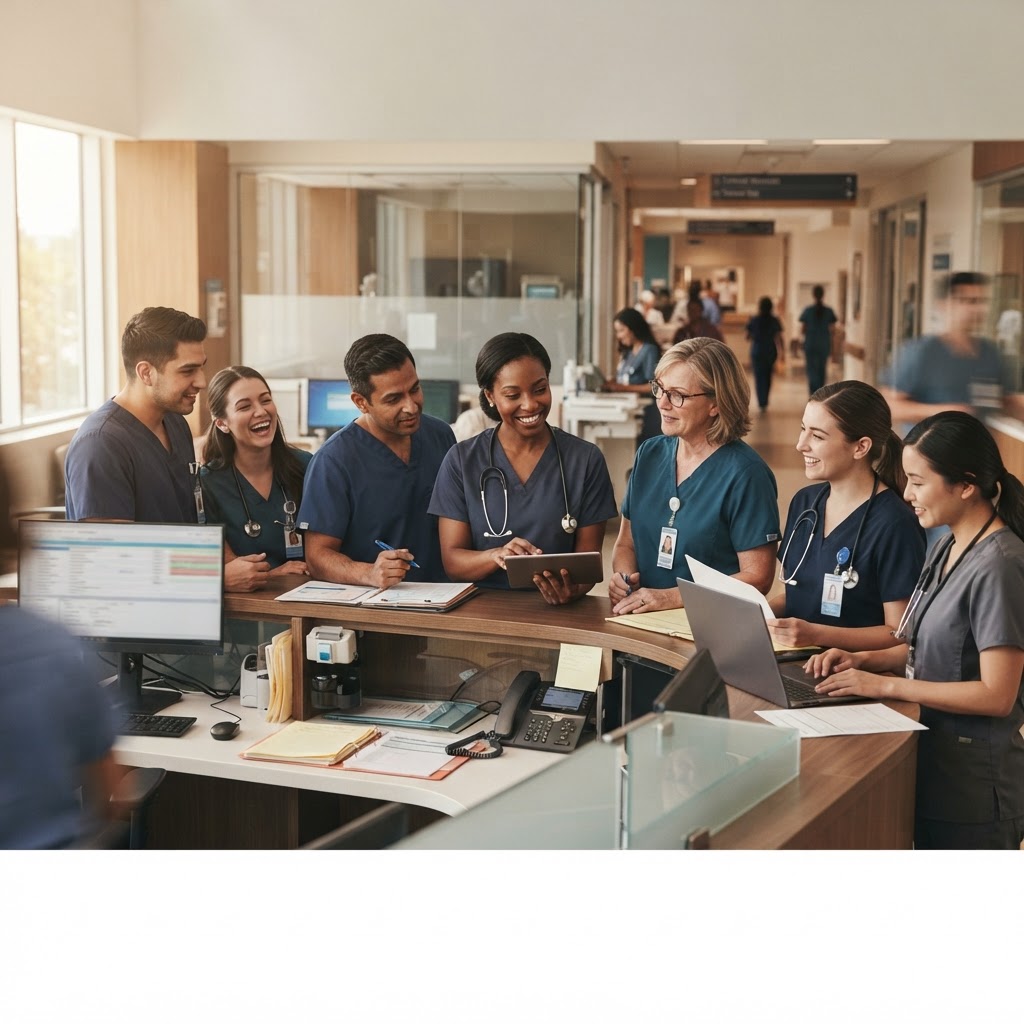 Nurses and clinical staff collaborating at a hospital nurses' station
