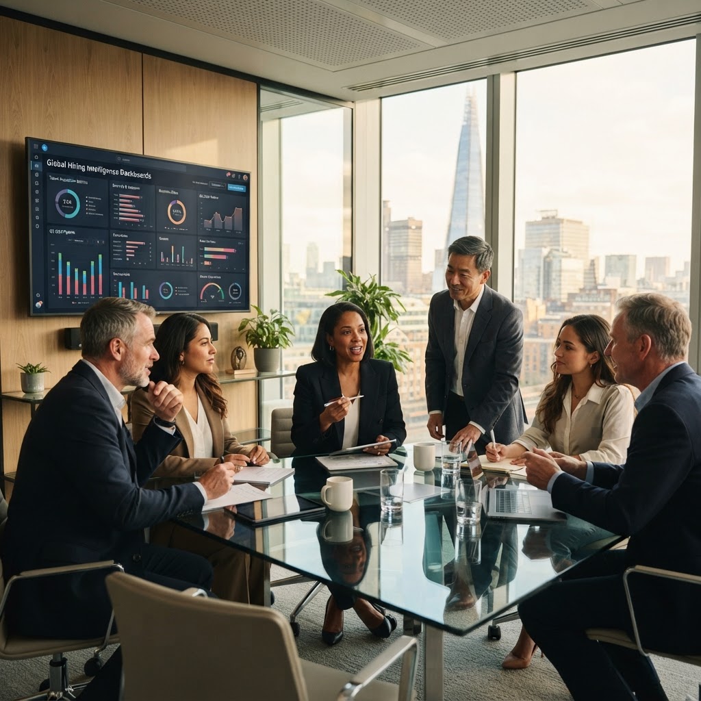 HR leaders in a strategy planning session reviewing hiring intelligence dashboards