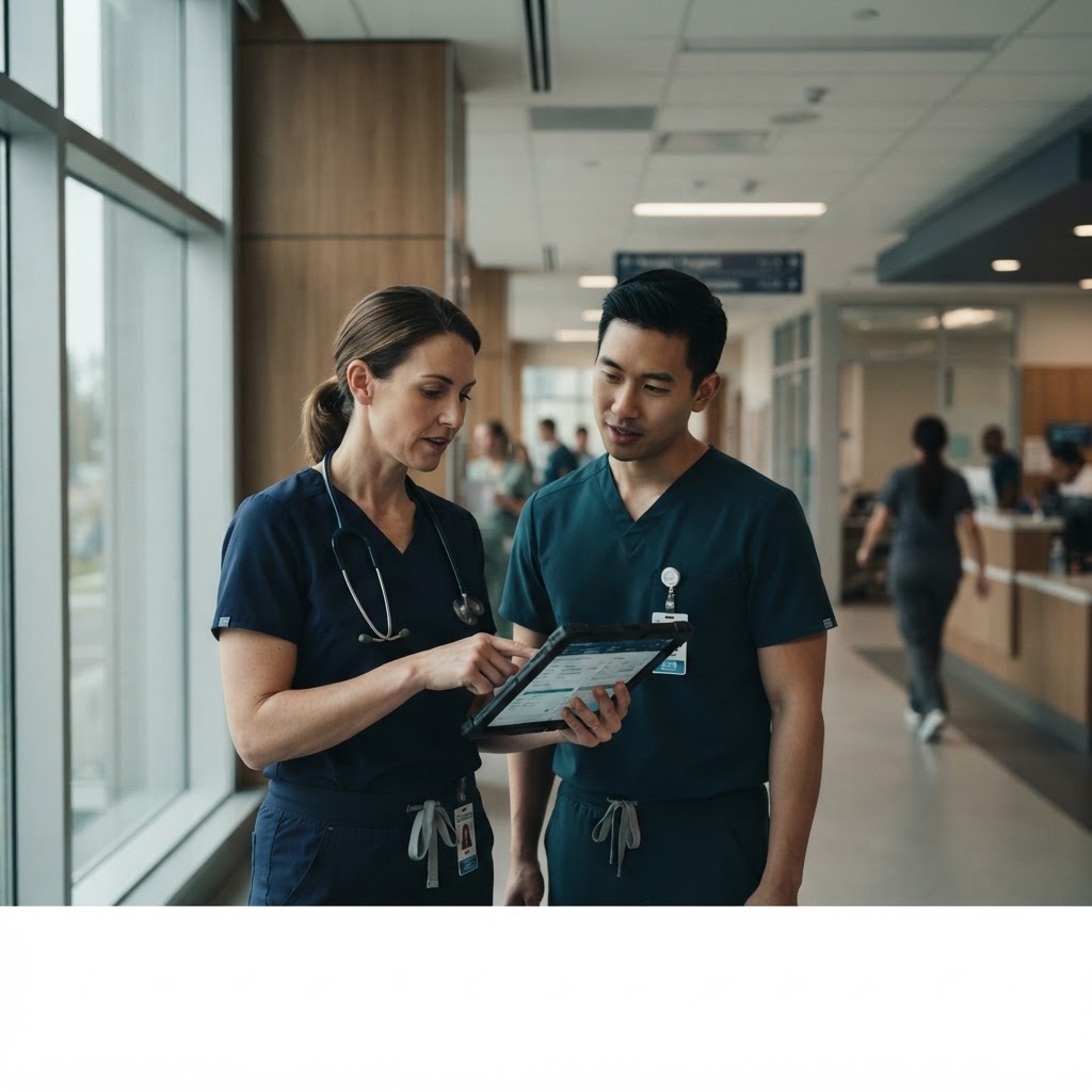 A physician and clinical colleague reviewing patient information in a hospital corridor