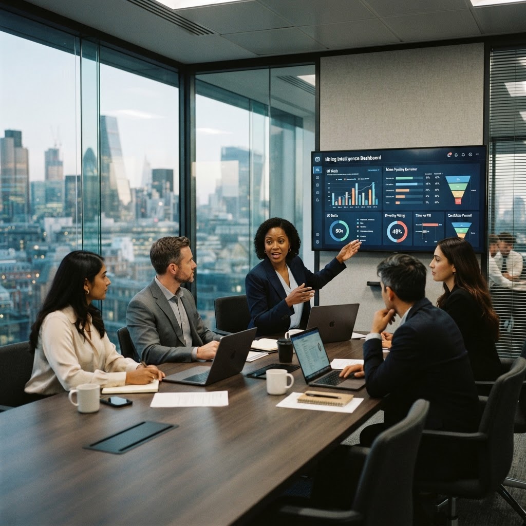 Executives reviewing a hiring intelligence dashboard in a strategy meeting