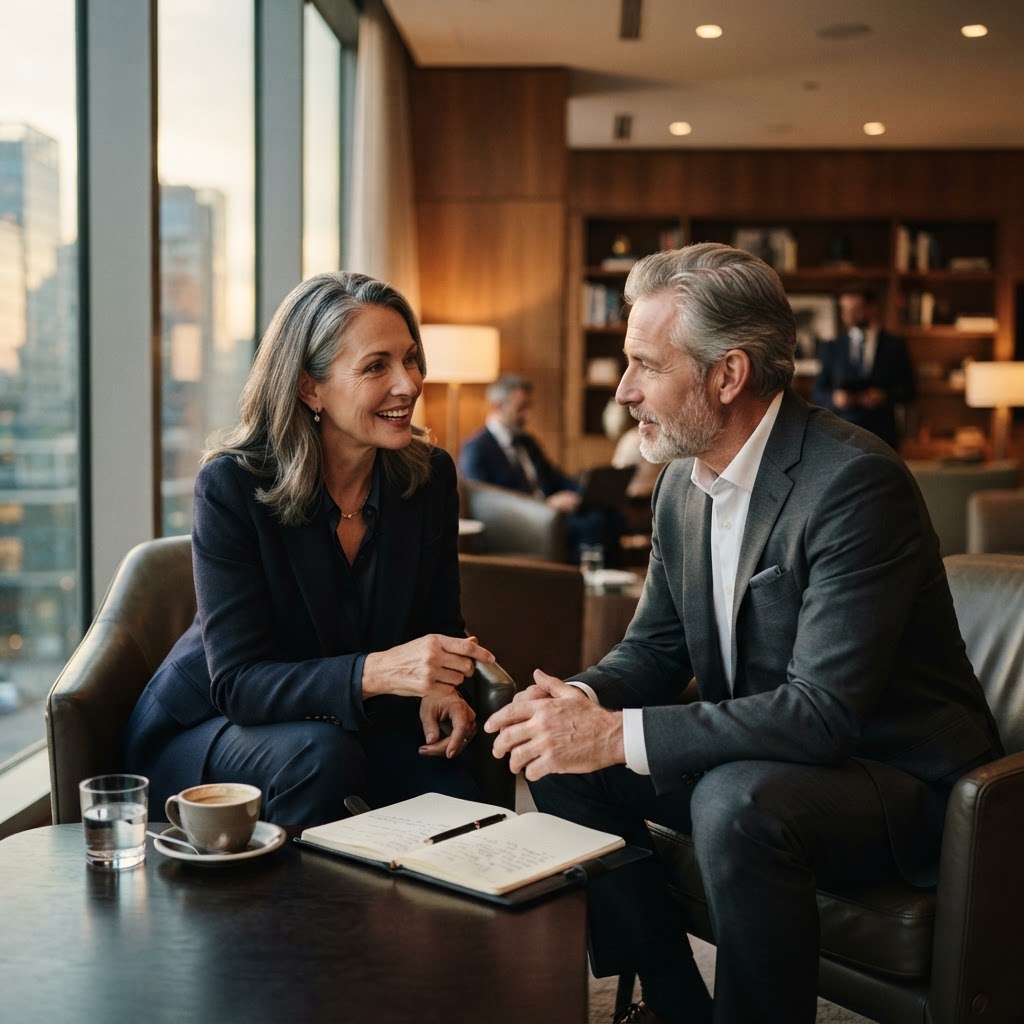 Two executives in an attentive one-on-one hiring consultation