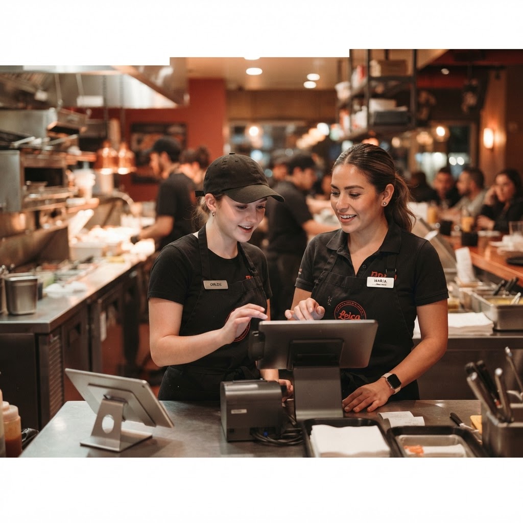 A restaurant shift manager training a new team member