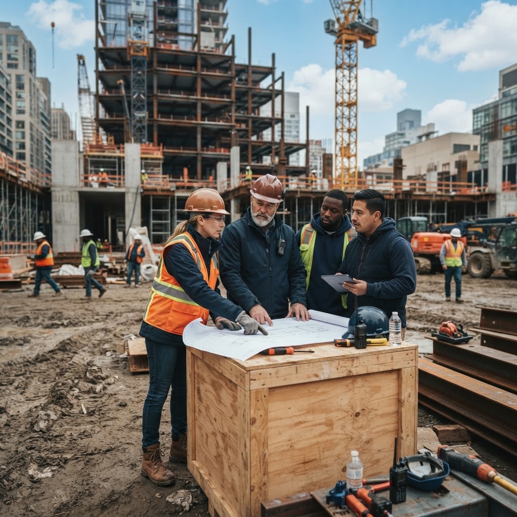 A construction crew collaborating on an active commercial construction site