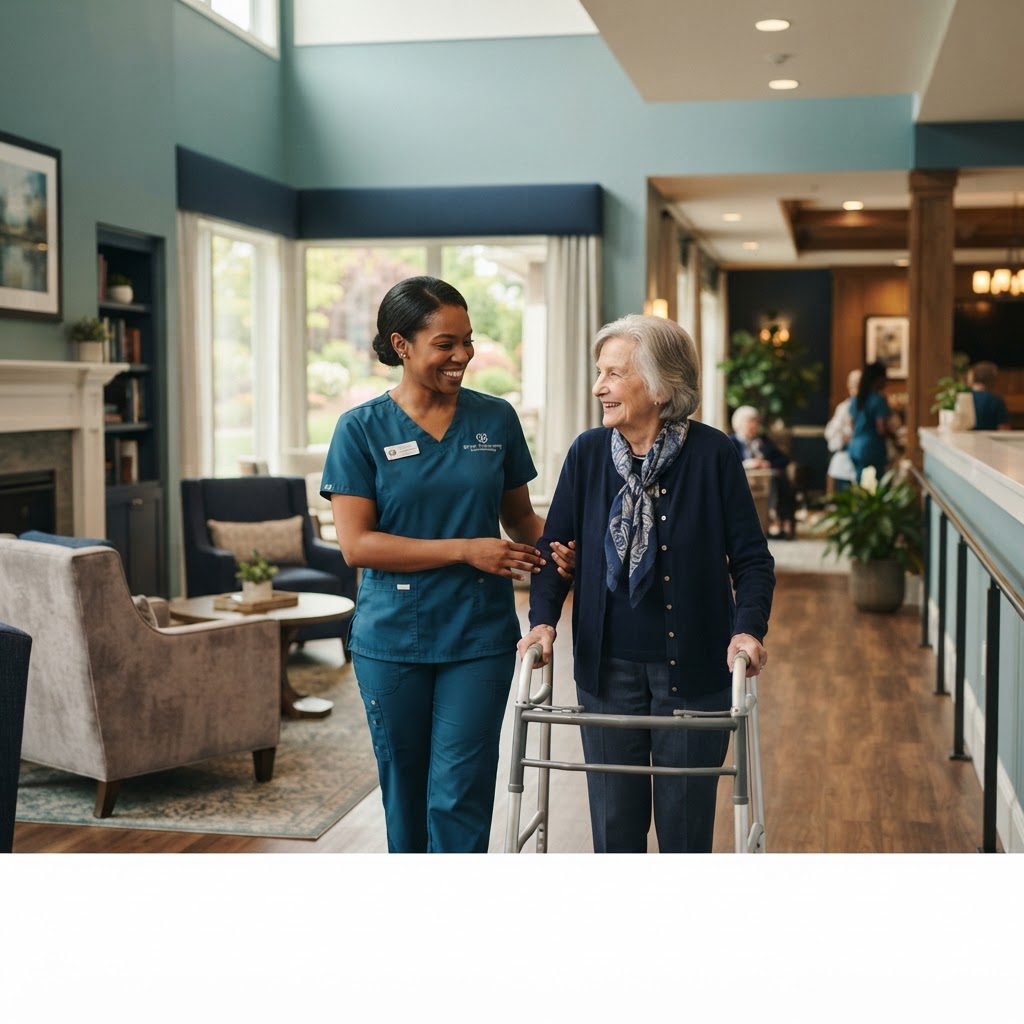 Caregivers warmly assisting a senior resident in a modern senior living community