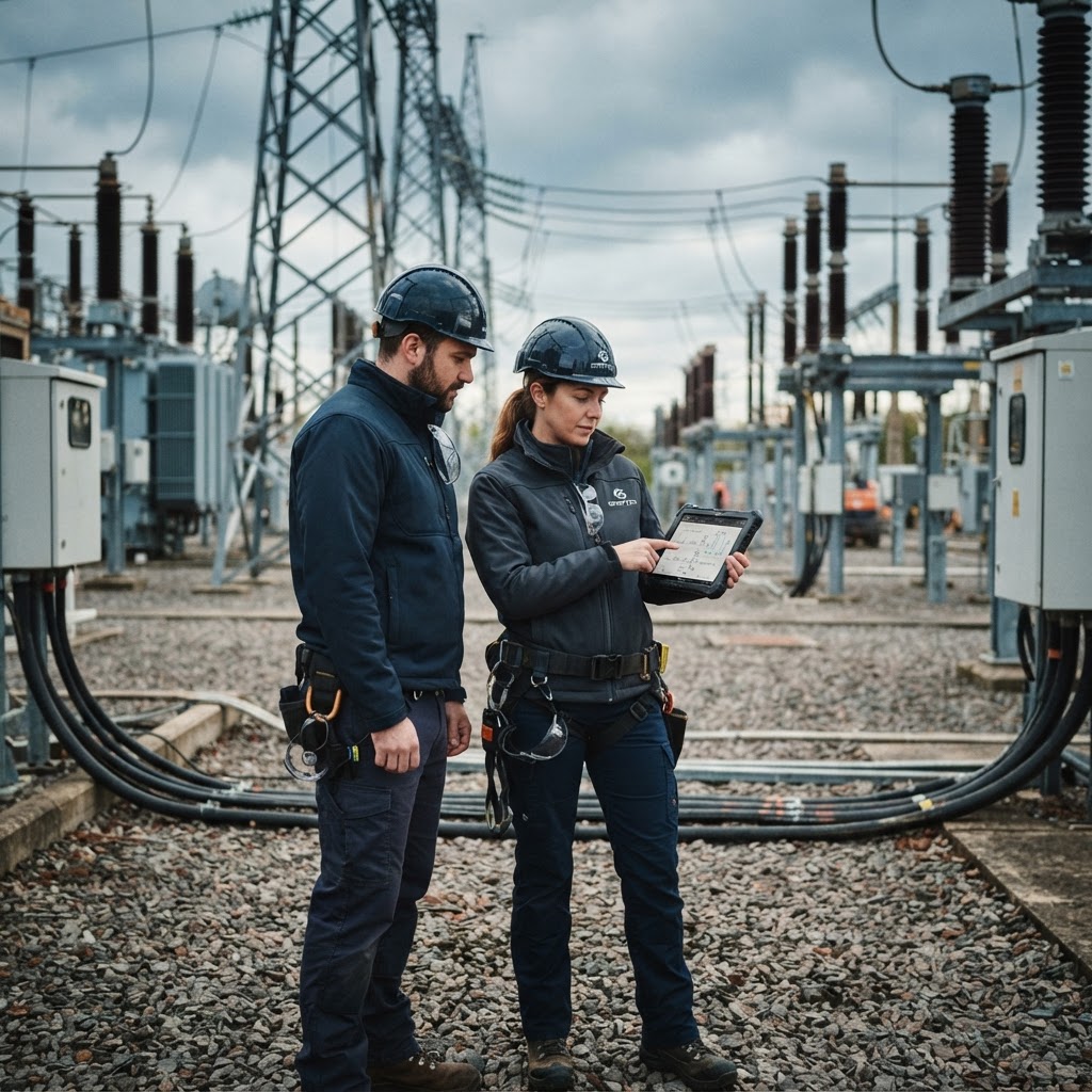 Field engineers reviewing equipment data on a tablet at a utility substation