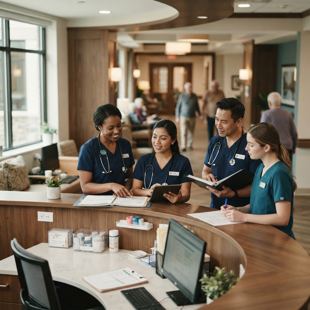 A nursing team collaborating at a care station in a modern senior living community