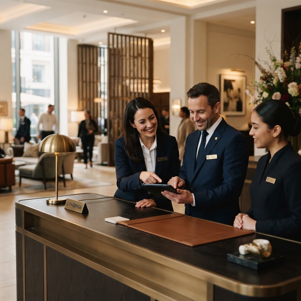 Hotel staff and concierge team collaborating at a modern hotel front desk