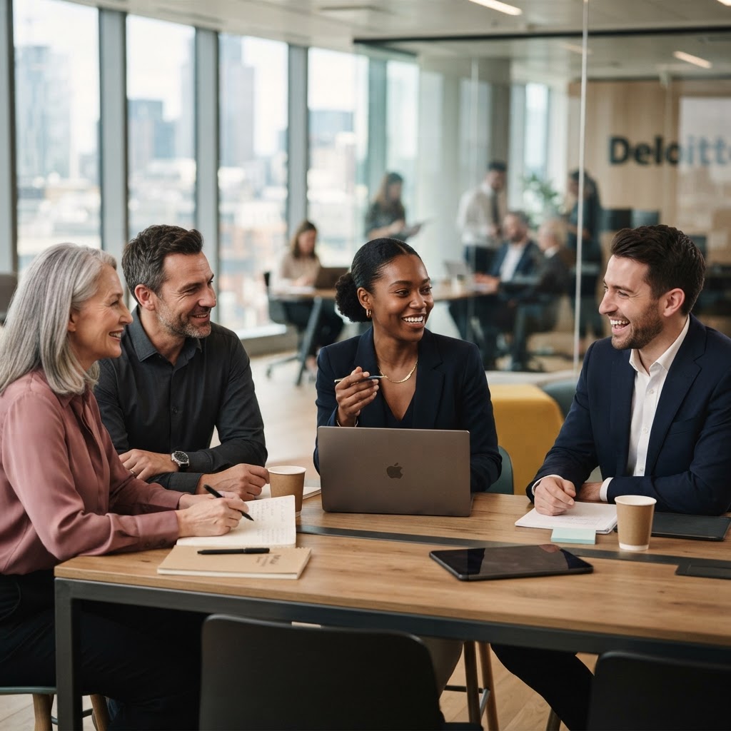 Consultants collaborating in a meeting in a modern professional services office