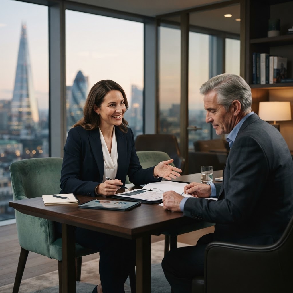 A financial advisor meeting with a client in a modern wealth management office