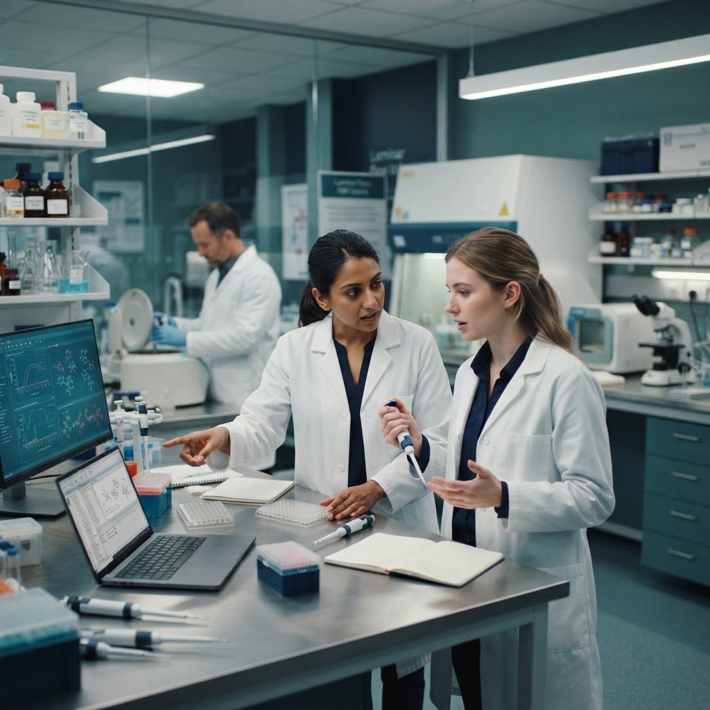 Life sciences researchers collaborating in a modern pharmaceutical laboratory