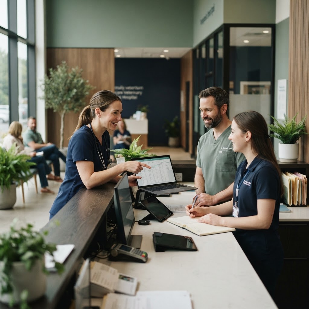 A veterinary care team collaborating at a reception desk