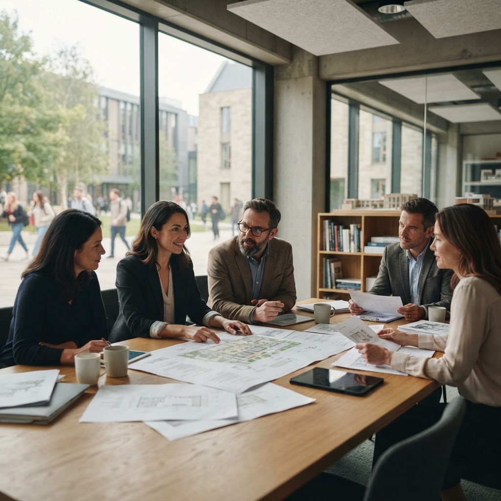 University staff in a meeting reviewing plans in a modern campus building