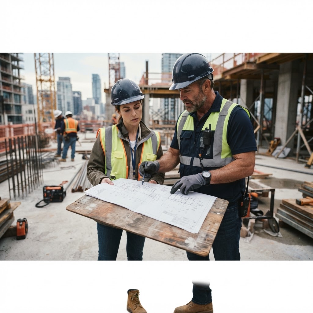 A construction foreman reviewing blueprints with a colleague on a job site