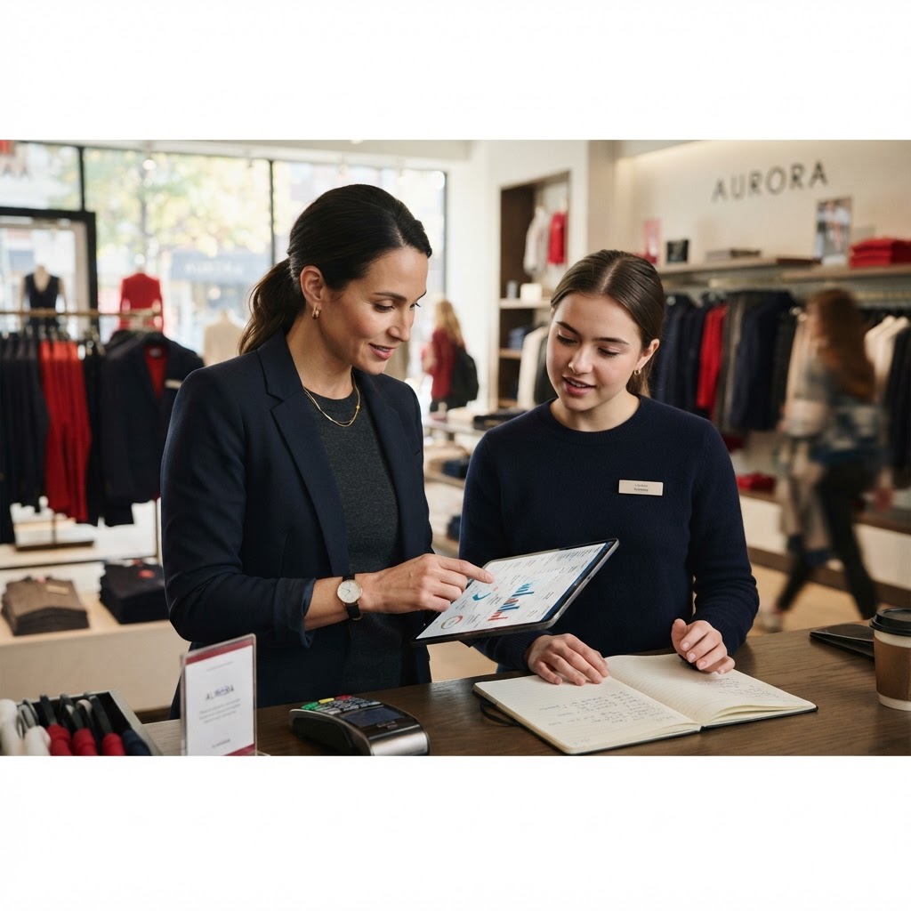 A retail store manager reviewing sales data with a team member