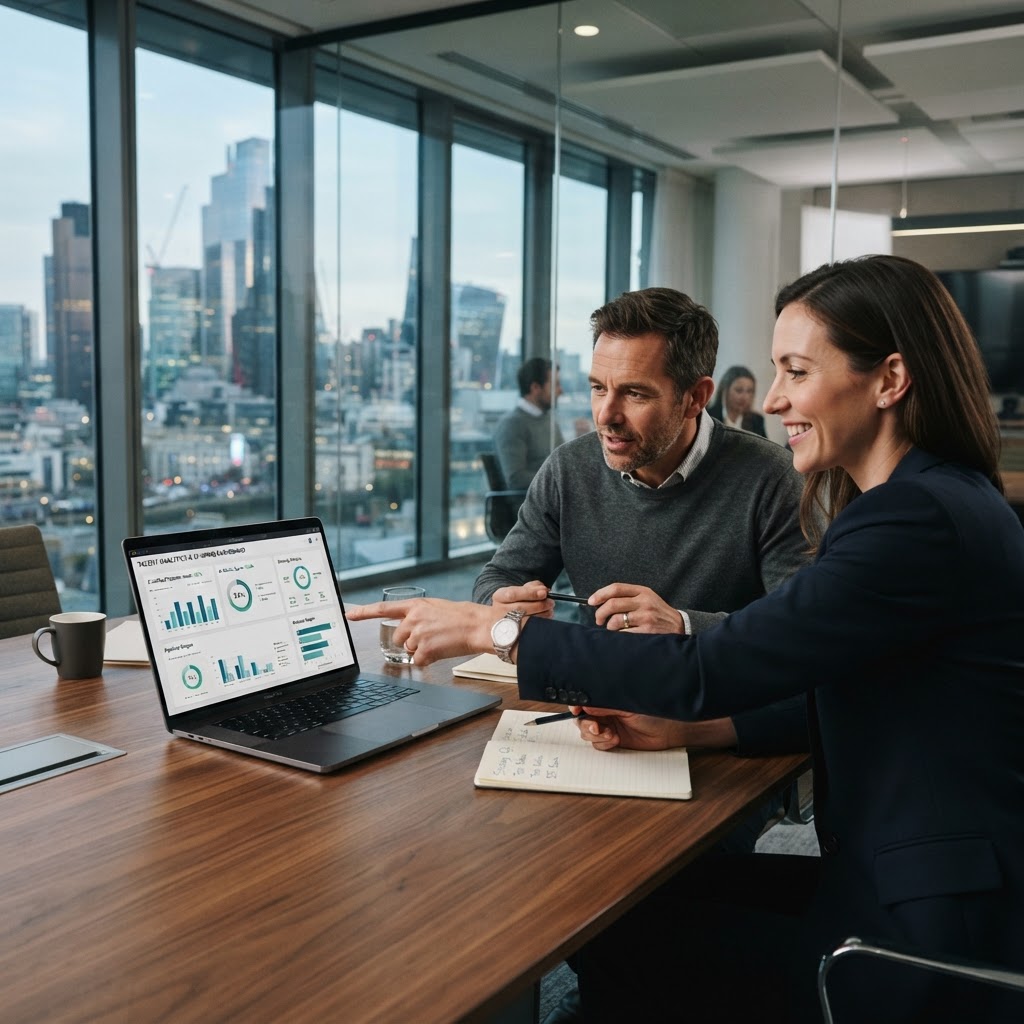 Professionals collaborating on recruitment strategy and AI-assisted hiring analytics