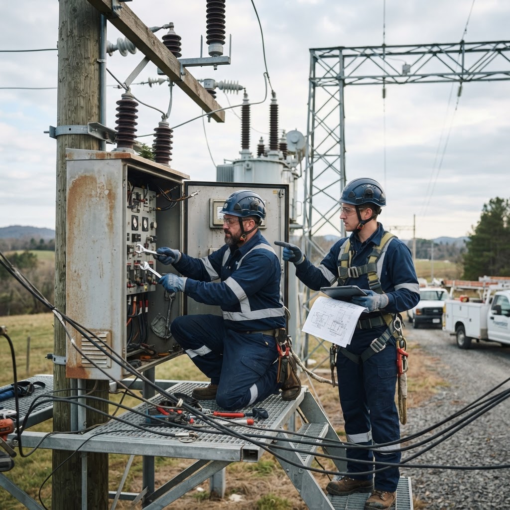 Utility technicians working together on power infrastructure equipment in the field