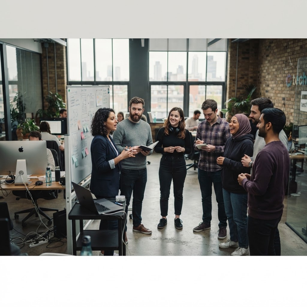 A product team in a stand-up meeting in a modern technology office