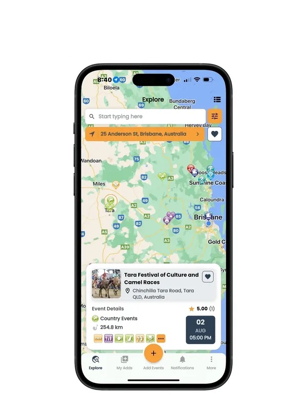 WikiEvents app interface showing event map