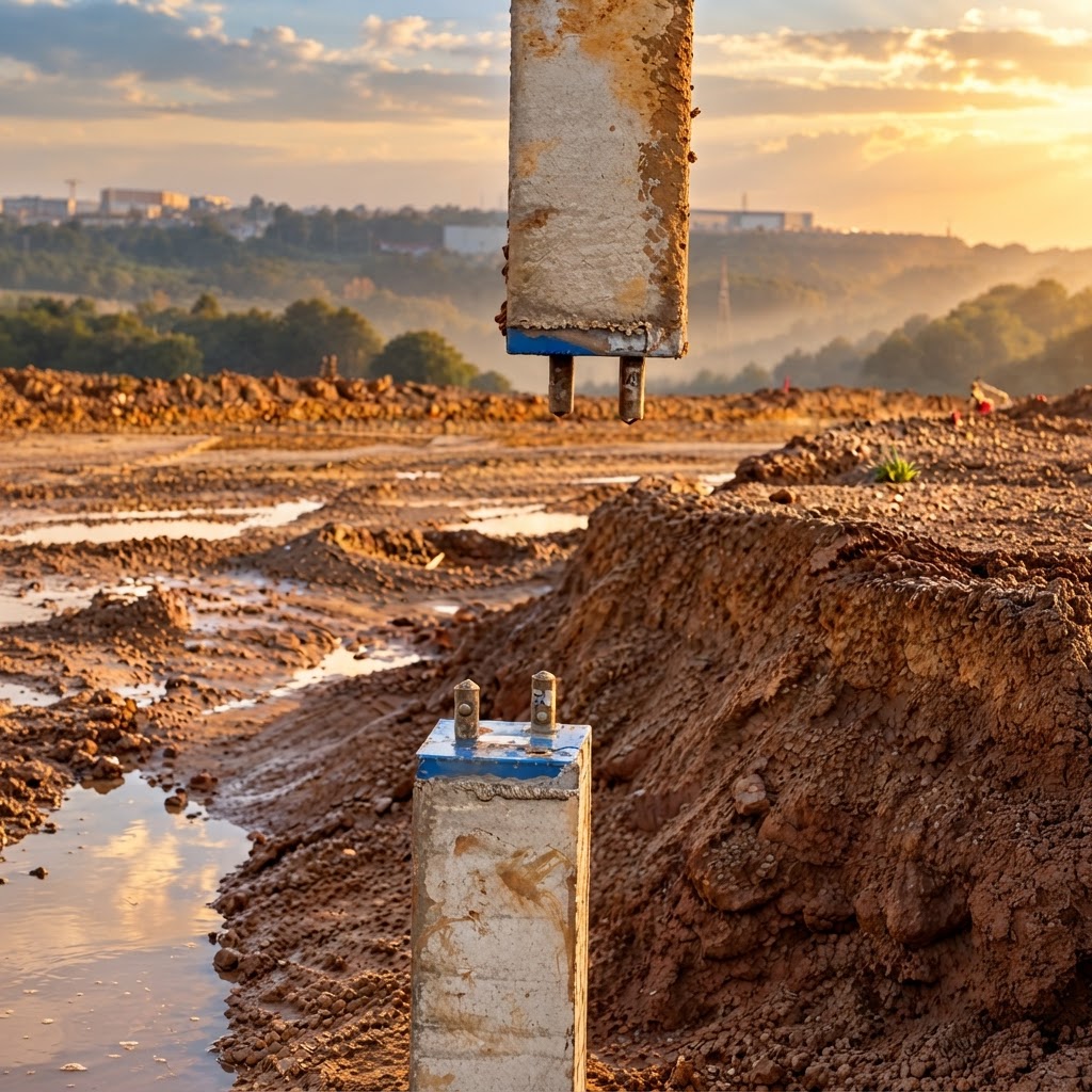 Precast piles with DI-BLOCK joints on site, with epic sunset lighting