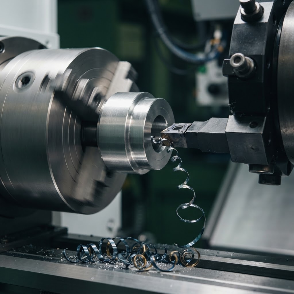 CNC lathe precision machining a steel workpiece with metal chip removal